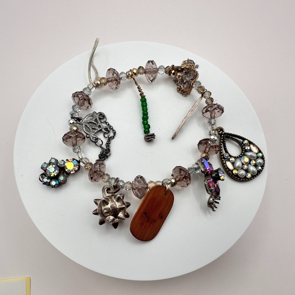 Vintage 90s Pearl Rhinestone Spiky Silver Wooden Charm Bracelet Jewelry
